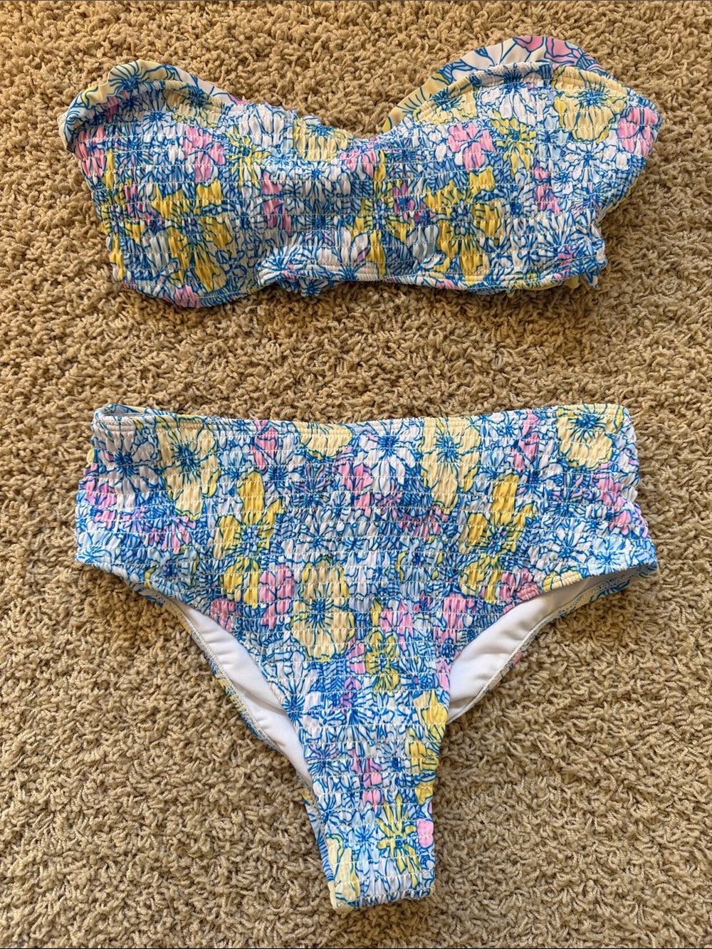 Floral Smocked Bandeau Bikini Set - Blue, Yellow & Pink